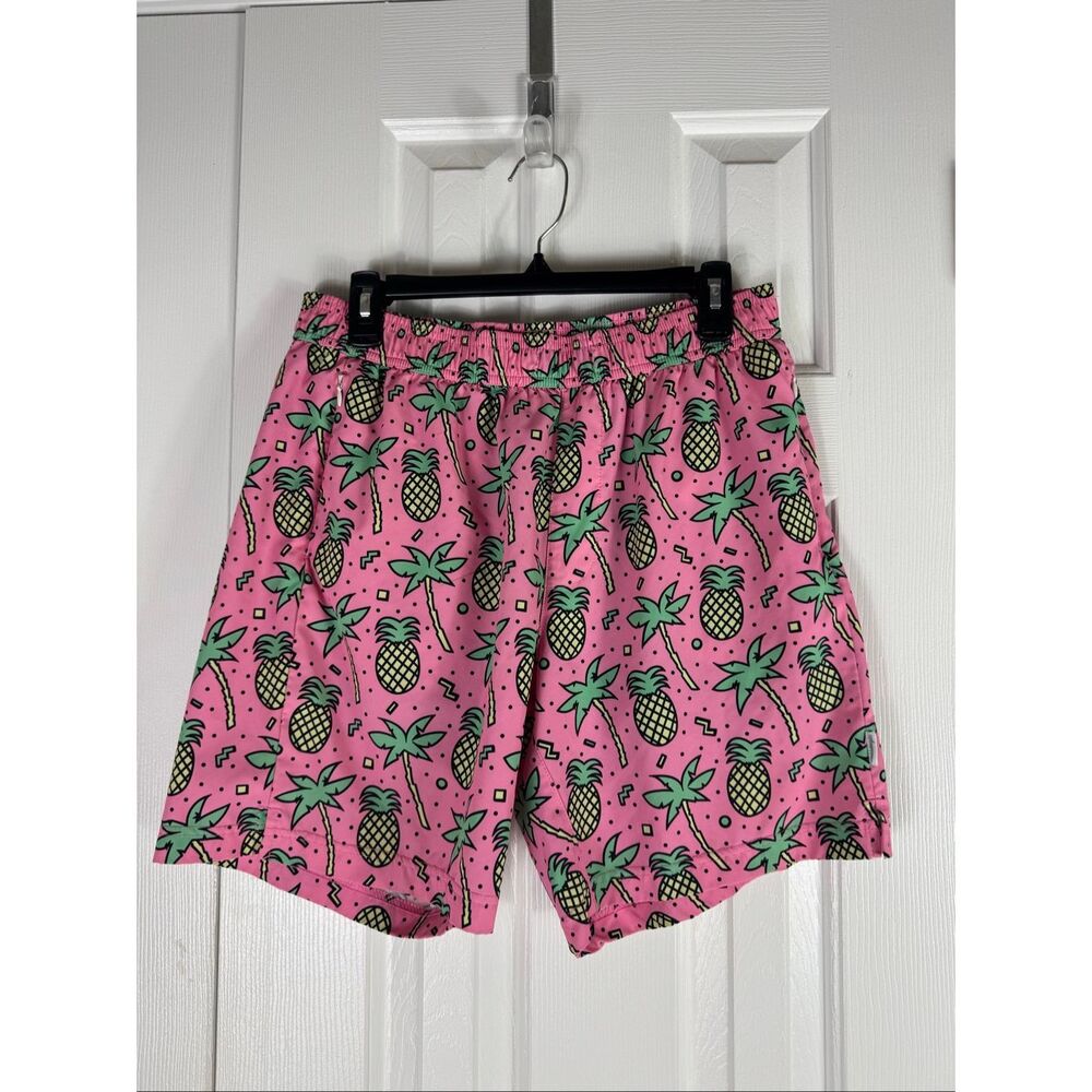 Maamgic Mens Pink Pineapple and Palm Tree Quick Dry Swim Trunks Size L